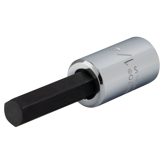 PROTO J47701/4 chrome hex bit socket, side angle on white background.