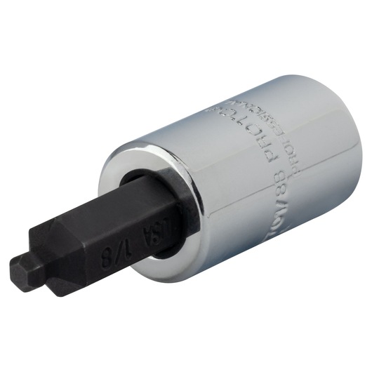 Photo of PROTO J47701/8B hex bit socket, chrome finish with black hex end, product shown on white background, angled view.