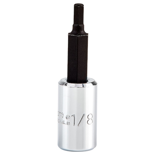 PROTO J47701-8 hex bit socket, chrome and black steel, front angle on white background.