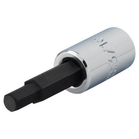 PROTO J47703/16 hex bit socket with black hex tip and chrome finish, angled on white background.