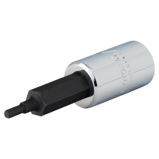PROTO J47705/64 hex bit socket, chrome finish, side angle, tool photography.
