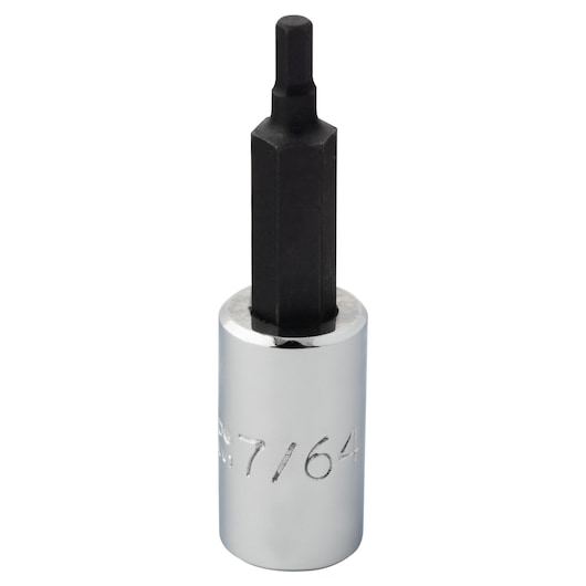 Photo of PROTO J47707/64 hex bit socket with chrome finish, vertical angle on white background.