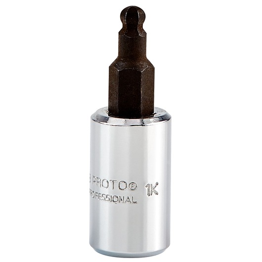 PROTO J47709-64B hex bit socket with chrome finish and black tip, upright on white background.