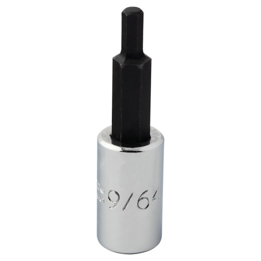 PROTO J47709/64 hex bit socket, chrome finish, black hex tip, product photo on white background.