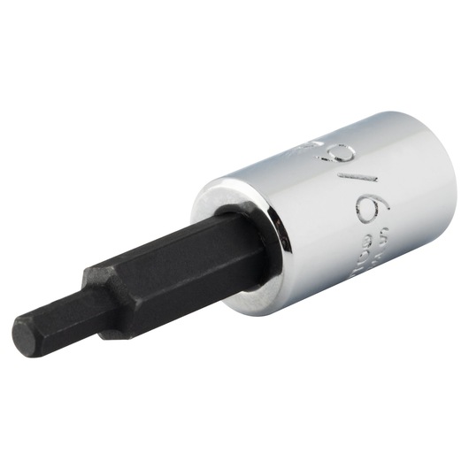 PROTO J47709/64 hex bit socket, chrome finish, black hex bit, product angled on white background.