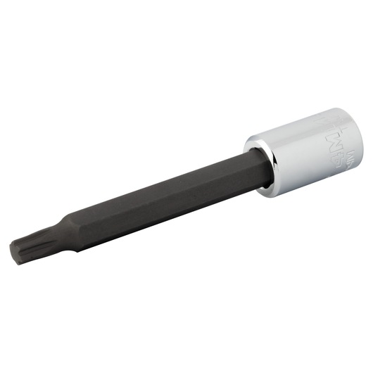 PROTO J4770R-4M long black Torx bit socket with silver chrome base, product angle on white background.
