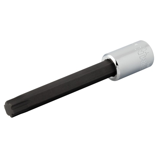PROTO J4770R-6M long black hex bit socket with chrome base, side angle on white background.