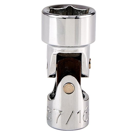 PROTO J4774A chrome universal socket, 7/16 inch, front angle, white background.