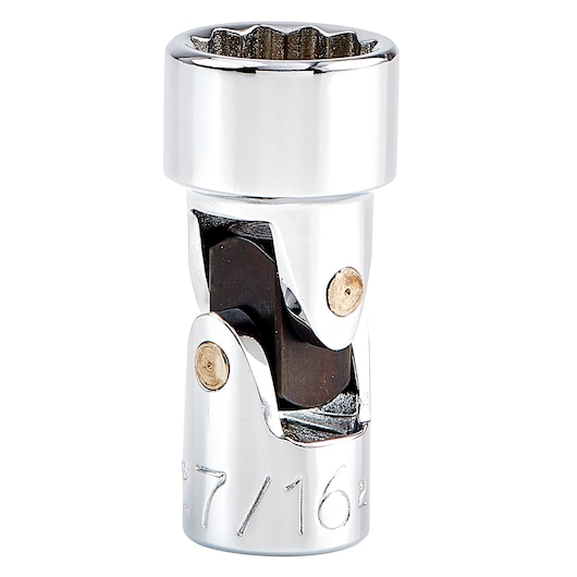 PROTO J4774TA chrome universal joint socket with visible 7/16 size marking, product photo on white background.