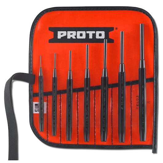 PROTO J47A punch set with seven black metal punches in an orange pouch, front angle photography.
