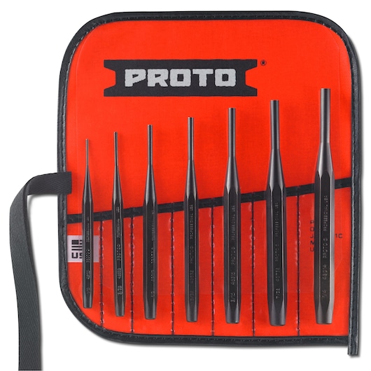PROTO J48007 punch set in black steel with seven tools in an orange and black storage pouch, front angle.