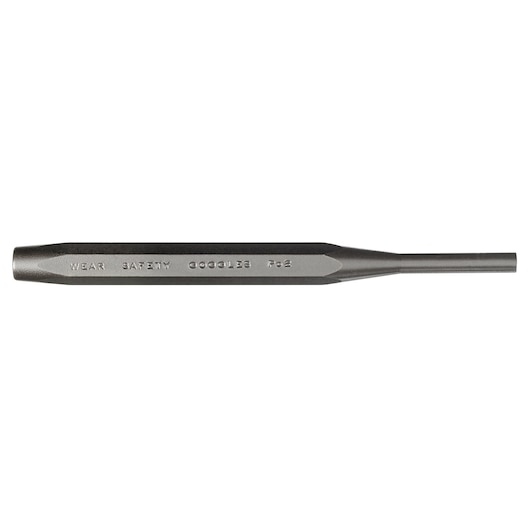 PROTO J48014 steel punch tool, side angle, engraved safety warning, gray finish, photography on white background.