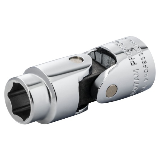 PROTO J4807AM chrome-plated universal joint socket adapter, side angle, white background.