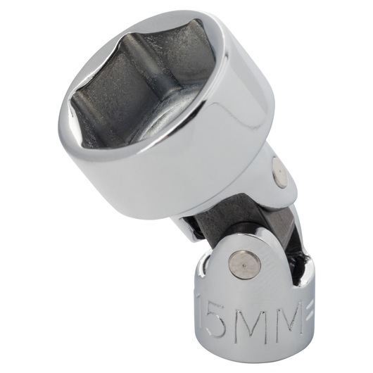 PROTO J4815AM chrome 15mm universal socket, close-up angle on white background.