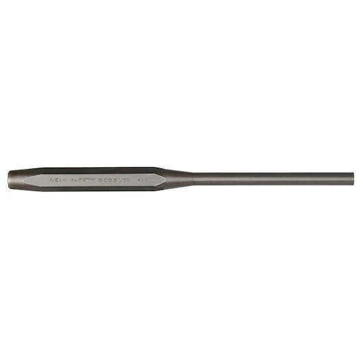 PROTO J48516LS2 steel pin punch tool, side angle, with engraved safety warning, on white background.