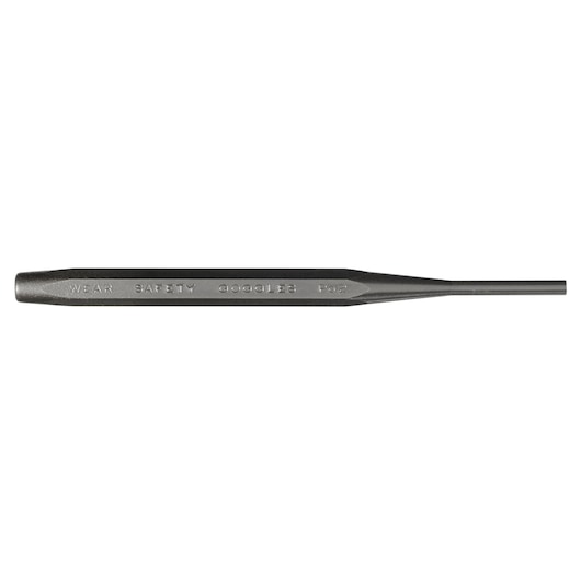PROTO J48532 steel pin punch, side view on white background, engraved safety warning on handle.