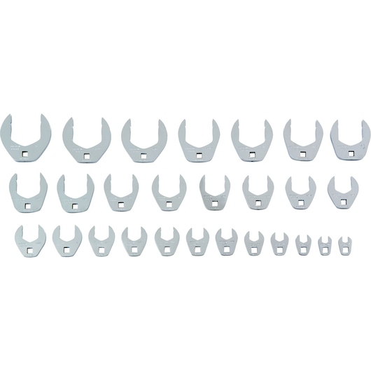 PROTO J49002CF open end crowfoot wrench set, 24-piece, silver finish, top-down view on white background.