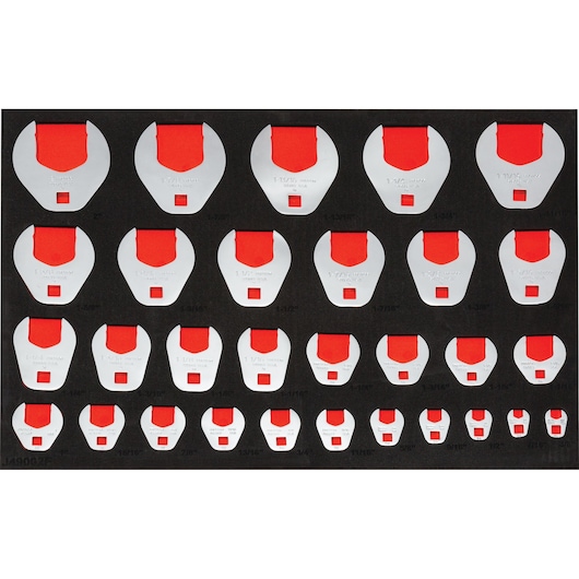PROTO J49002K open-end crowfoot wrench set, polished steel heads with red inserts arranged in foam tray, top view.