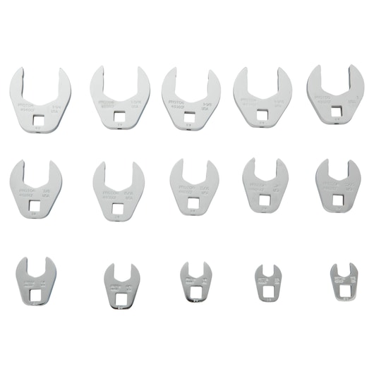PROTO J49003CF open-end crowfoot wrench set, photography, front angle, silver finish, white background.