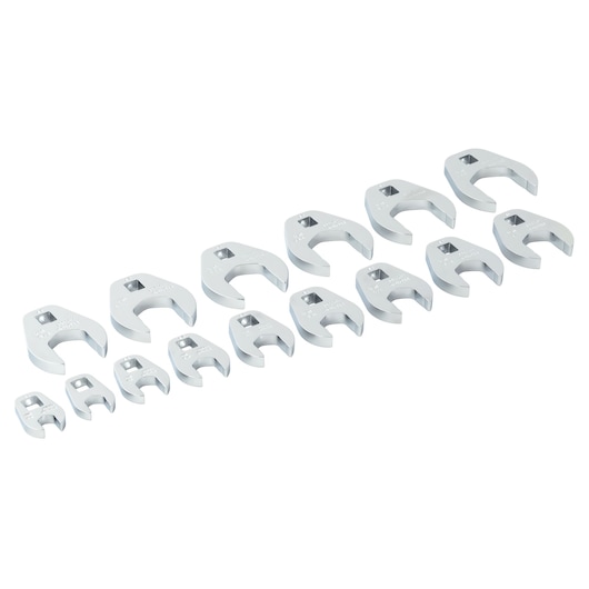 PROTO J49003CF chrome open end crowfoot wrench set, top view on white background, tool photography