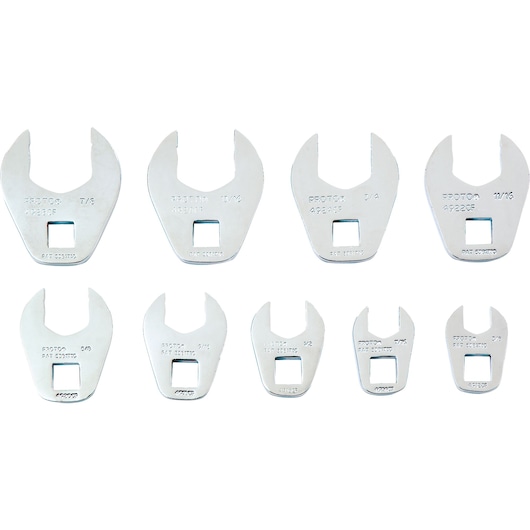 PROTO J49004CF open-end wrench set, nine pieces, silver finish, photography on white background.