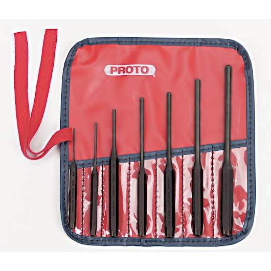PROTO J49007S2 punch and chisel set in red and blue roll-up pouch, top view with tools visible.