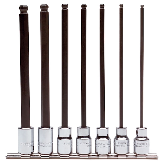 PROTO J4900BD hex bit socket set, seven pieces on metal rail, front angle, chrome and black.