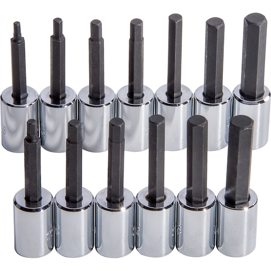 PROTO J4902A hex bit socket set, chrome and black finish, photography of 13-piece set on white background.