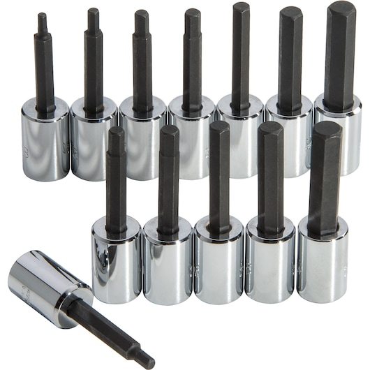 PROTO J4902A hex bit socket set with chrome finish, eleven pieces, photography on white background.