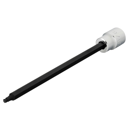 PROTO J4904BD long ball end hex bit socket with black hex shaft and silver socket, studio angle.