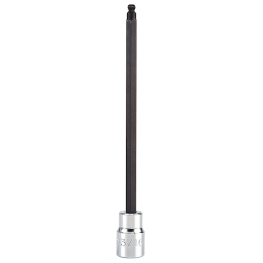 PROTO J4906BD ball end hex bit socket, long black shaft, chrome base, product photography front angle