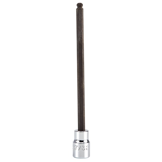 PROTO J4907BD ball end hex bit socket, long black hex shaft with chrome base, front angle on white background.