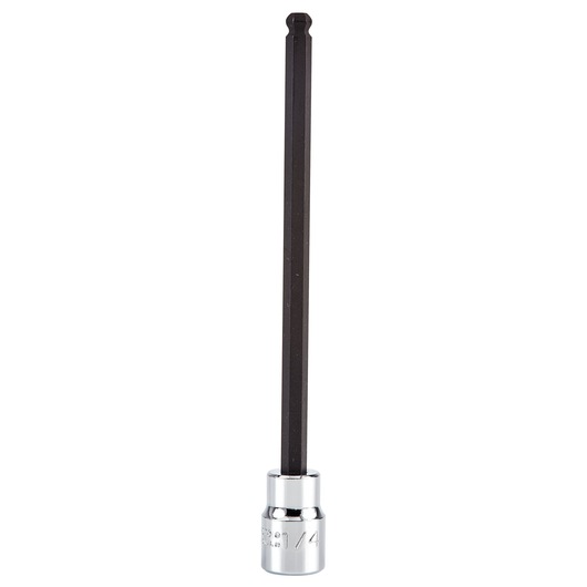 PROTO J4908BD long hex bit socket with chrome base and black hex shaft, front angle, white background.