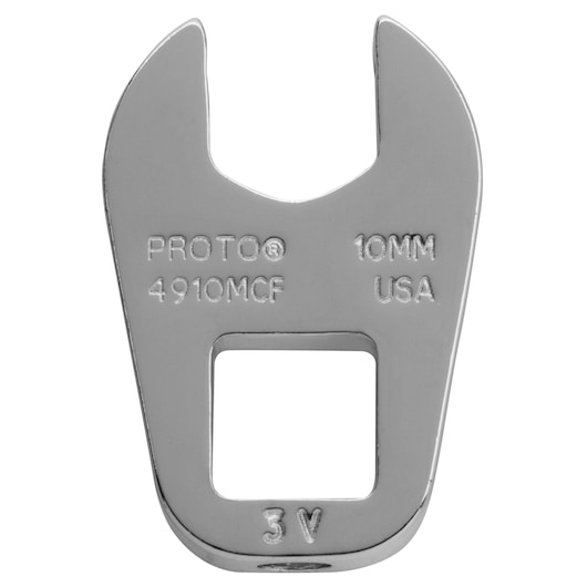 Photo of PROTO J4910MCF open-end wrench head, 10mm chrome finish, front view on white background.