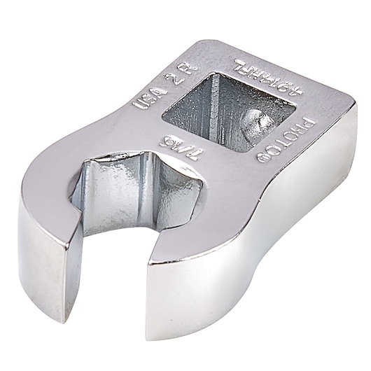 Photo of PROTO J4914HFL chrome finish flare nut crowfoot wrench head on white background, angled view.