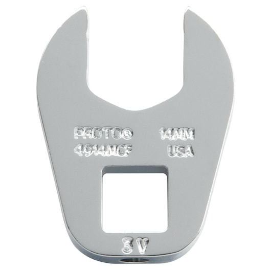 PROTO J4914MCF open-end crowfoot wrench, 14mm, silver finish, front angle on white background.