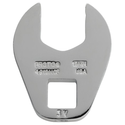 Photo of PROTO J4915MCF open-end wrench head in silver, front angle, 15MM size, engraved text.