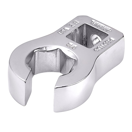 PROTO J4916HFL chrome open-end crowfoot wrench, close-up angle on white background, tool head visible.