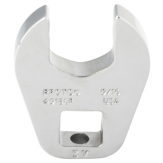 PROTO J4918CF open-end crowfoot wrench, 9/16 inch, polished chrome, top front angle on white background.
