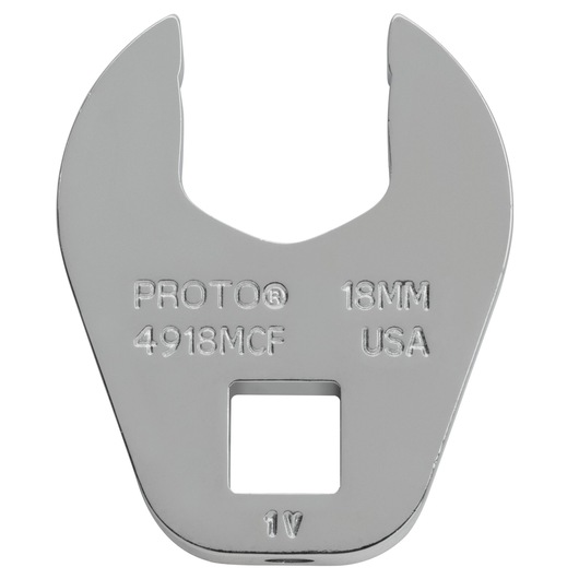 Photo of PROTO 18mm open end crowfoot wrench, SKU J4918MCF, silver finish, top view on white background.