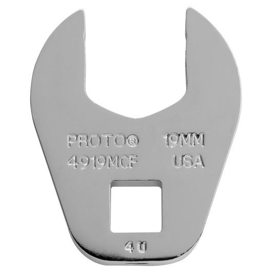 PROTO J4919MCF open end wrench head, 19mm size, chrome finish, front angle on white background.