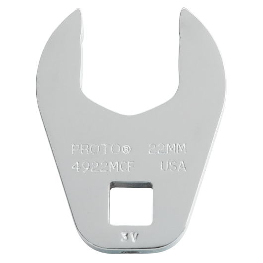 PROTO J4922MCF chrome open-end crowfoot wrench head, 22mm size, photographed from above on white background.