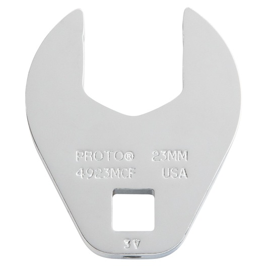 PROTO J4923MCF open-end crowfoot wrench, 23mm, silver finish, front view on white background.