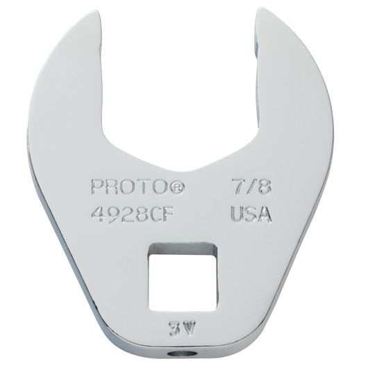 PROTO J4928CF open-end crowfoot wrench, 7/8 inch size, chrome finish, close-up on white background.