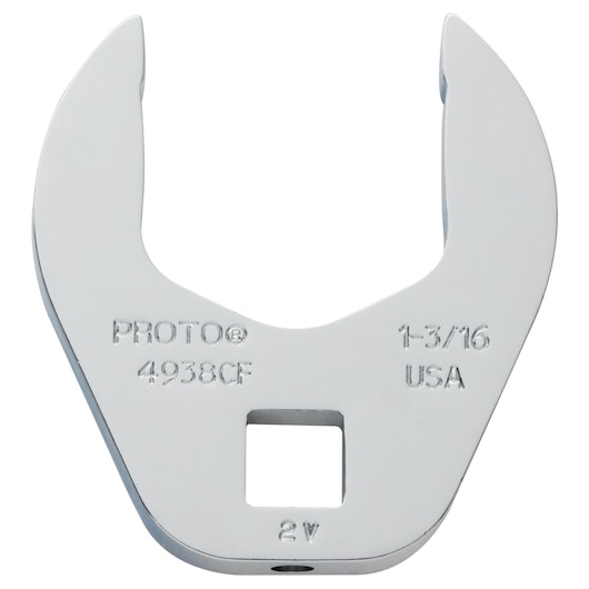 PROTO J4938CF chrome open-end crowfoot wrench, photography on white background, front angle.