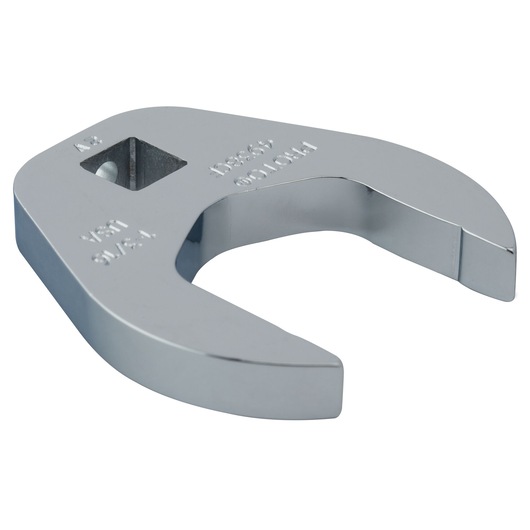 Photo of PROTO J4938CF chrome open-end crowfoot wrench on white background, angled to show square drive opening.