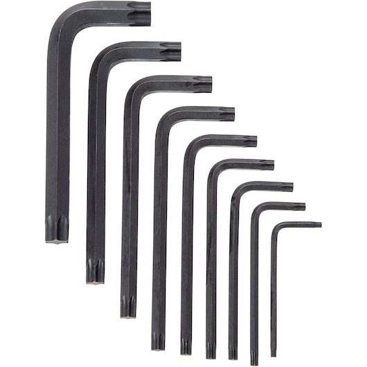 PROTO J4961 set of 9 black L-shaped Torx keys, arranged by size, product photography on white background.
