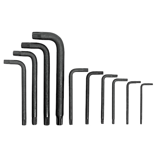 PROTO J4961 Torx key set, black steel, multiple sizes, photography, front angle, white background