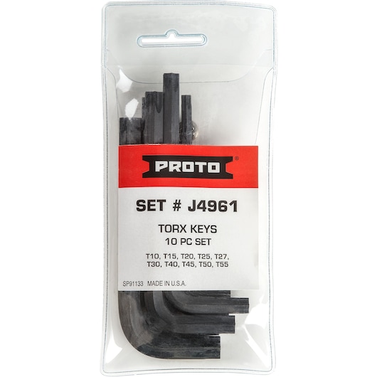 PROTO branded package containing a set of ten Torx keys. The packaging displays the set number J4961 and lists the sizes included: T10, T15, T20, T25, T27, T30, T40, T45, T50, and T55.