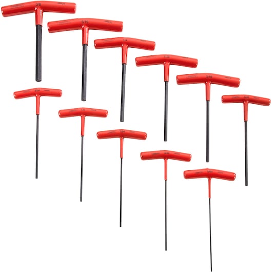 PROTO J4968 T-handle hex key set, 10-piece set with red handles and black shafts, white background, photography.